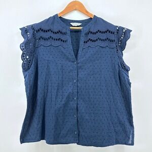 Estelle Navy Blue 2X/20W Eyelet Flutter‎ Sleeve Button Down Blouse Top Swiss Dot